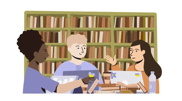 Молодые Счастливые Студенты Библиотеке Ноутбуками Планшетами Книгами Векторной Иллюстрацией Кофе Лицензионные Стоковые Векторы