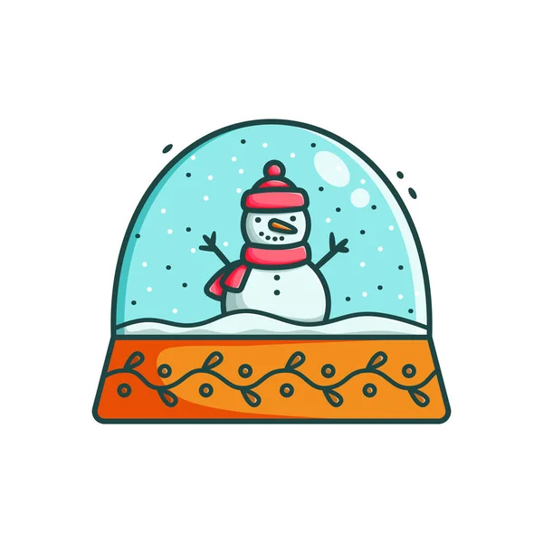 Çizgi film Noel kar küresi içinde kardan adam vektör çizimi. Renkli düz kar topu süslemesi. Şenlikli tasarım, bayram tebrik kartı, eğlenceli xmas kristal oyuncak simgesi