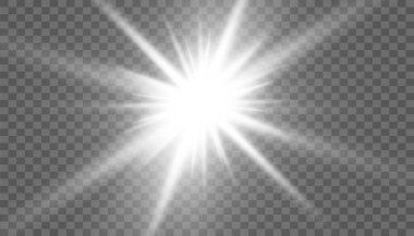 İzole edilmiş beyaz şeffaf ışık efekti, lens parlaması, patlama, parlaklık, çizgi, güneş parlaması, kıvılcım ve yıldızlar. Özel efekt elementinin soyut tasarımı. Şimşekle parlayan ışık