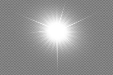 İzole edilmiş beyaz şeffaf ışık efekti, lens parlaması, patlama, parlaklık, çizgi, güneş parlaması, kıvılcım ve yıldızlar. Özel efekt elementinin soyut tasarımı. Şimşekle parlayan ışık
