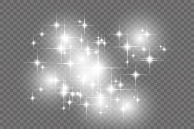 Toz kıvılcımları ve altın yıldızlar özel ışıkla parlıyor. Şeffaf bir arkaplanda vektör parıldıyor. Noel ışığı etkisi. Parlak sihirli toz parçacıkları.