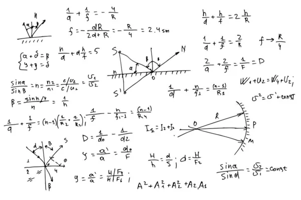 Fysische formules en vergelijkingen met de hand geschreven op een witte achtergrond. — Stockvector