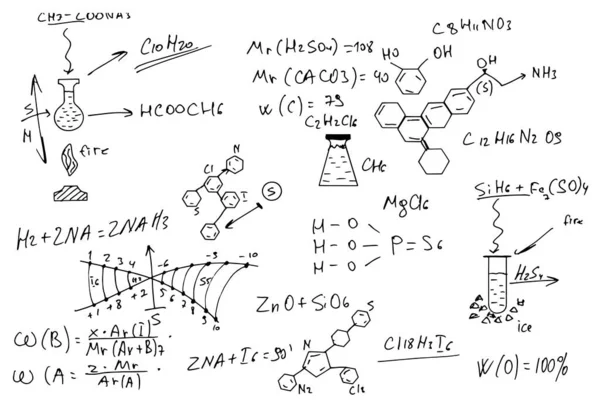 Formule chimiche. disegnato a mano su sfondo bianco. — Vettoriale Stock