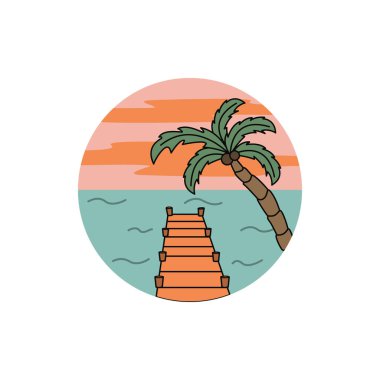 Palmiye ağacı ve deniz daireler çiziyor. Elle çizilmiş bir vektör. Tişörtlerdeki, posterlerdeki ve diğer amaçlardaki parmak izleri için..