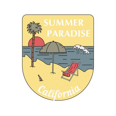 Plaj, okyanus ve şezlonglu el yapımı bir rozet. Sörf konsepti, yazı. Tişört baskıları, posterler ve diğer şeyler için.
