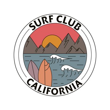 Üzerinde sörf tahtaları, okyanus, dağlar ve daire şeklinde bir yazı olan el yapımı bir rozet. Tişört baskıları, posterler ve diğer şeyler için.