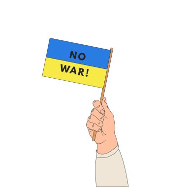 El Ukrayna bayrağını tutuyor. SAVAŞ HAYIR bayrağındaki yazı..