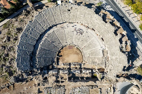 Vista Aérea Del Dron Side Antique City Anfiteatro Side Old — Foto de Stock