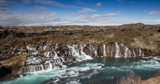 Lindo Movimento Exposição Longa Timelapse Mostrando Cascata Icelandic Especial Hraunfossar — Vídeo de Stock