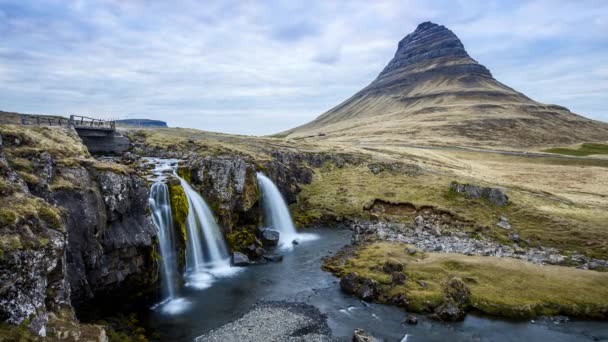 Island Zeitraffer Fotografie Von Wasserfall Und Berühmtem Berg Kirkjufellsfoss Und — Stockvideo