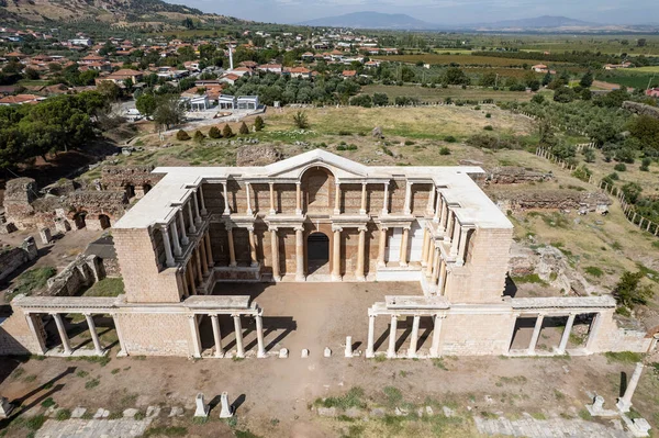 Letecký Pohled Dronem Sardes Sardis Starověké Město Které Gymnázium Synagoga — Stock fotografie