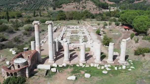 Luchtfoto Met Drone Sardes Sardis Ancient City Met Gymzaal Synagoge — Stockvideo