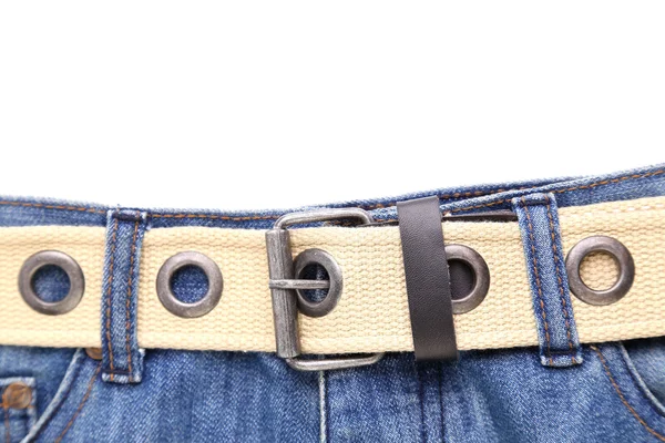 Blue jeans and leather white belt — Stock Photo, Image