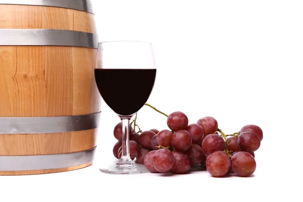 Barrel, ripe grapes and glass of wine — Stock Photo, Image