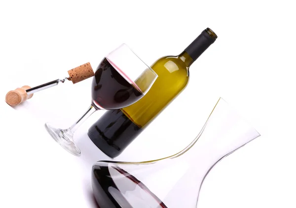 Dekanter, Flasche und Glas mit Rotwein — Stockfoto