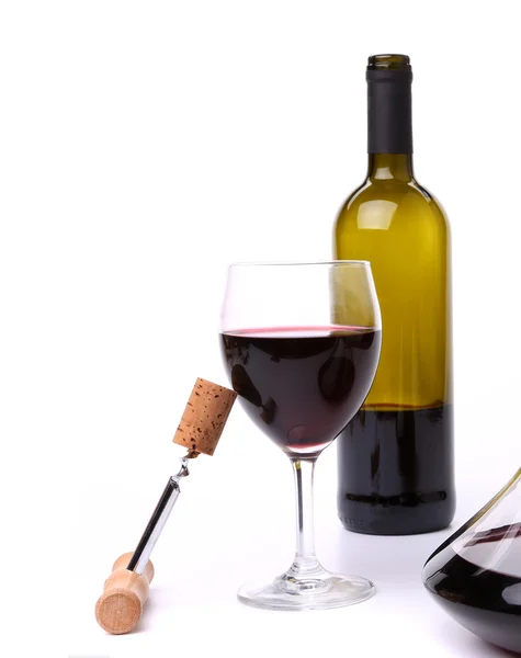 Decantador, botella y copa con vino tinto —  Fotos de Stock