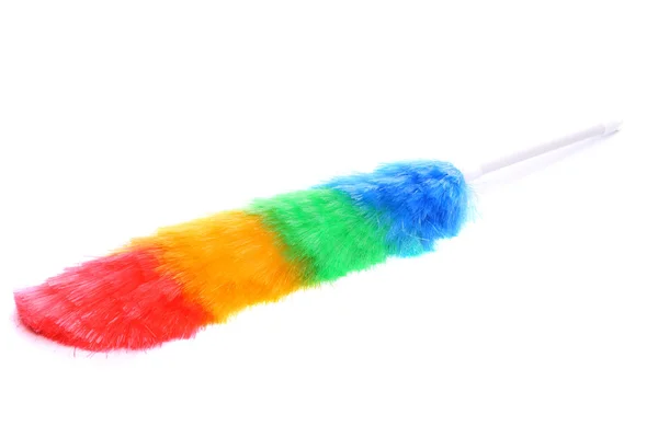 Soft colorful duster with plastic handle close-up — Stock Photo, Image