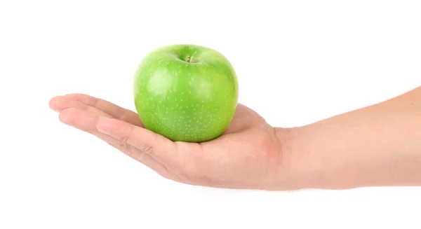 Granny smith Apple från låga perspektiv. hand. — Stockfoto