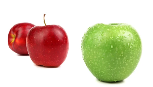 Green apple with water drops and two red — Stock Photo, Image