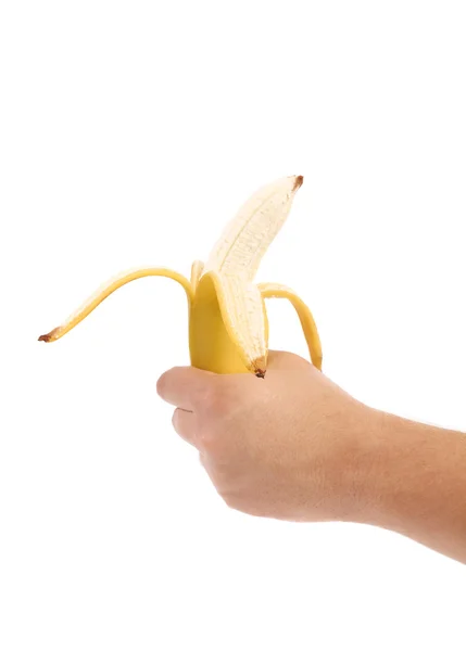 Hand holds opened banana. — Stock Photo, Image