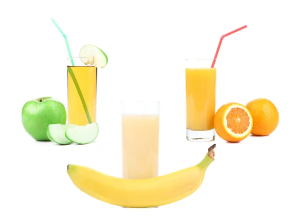 Banane, Apfel, Orange. Scheiben. Saft. — Stockfoto