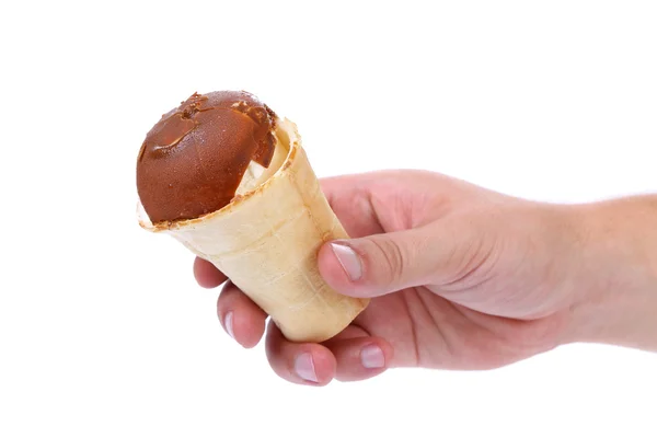 Hand holds waffle cup of chocolate ice cream — Stock Photo, Image