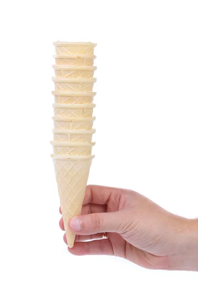 Hand hold stake of ice cream cones. — Stock Photo, Image