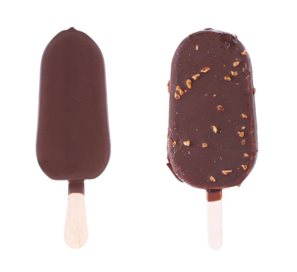 Two chocolate-coated blocks of ice cream on stick. — Stock Photo, Image