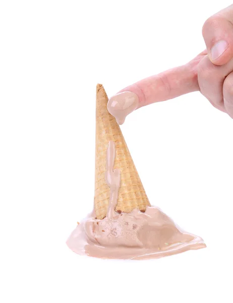 Chocolate ice cream cone fallen and finger. — Stock Photo, Image