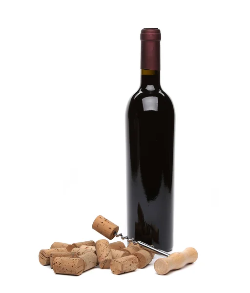 Flaska vin, korkar och corkscrew. — Stockfoto