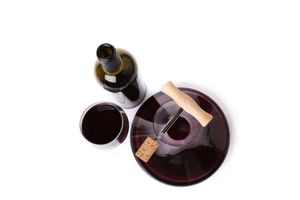 Decanter, bottiglia e bicchiere con vino rosso vista dall'alto . — Foto Stock