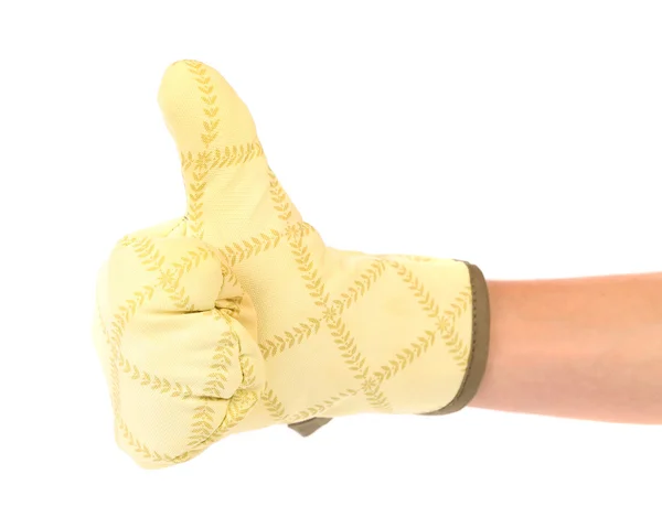 Great. Kitchen glove is put on the hand. — Stock Photo, Image