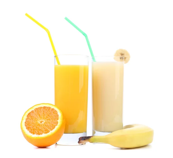 Säfte aus Orangen und Bananen. Früchte. — Stockfoto