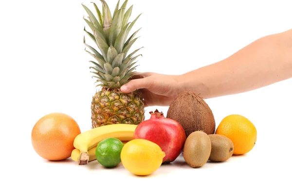 Frukter sammansättning. hand håller ananas. — Stockfoto