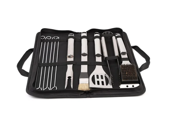 Set of tools for bbq in black bag. — Stock Photo, Image