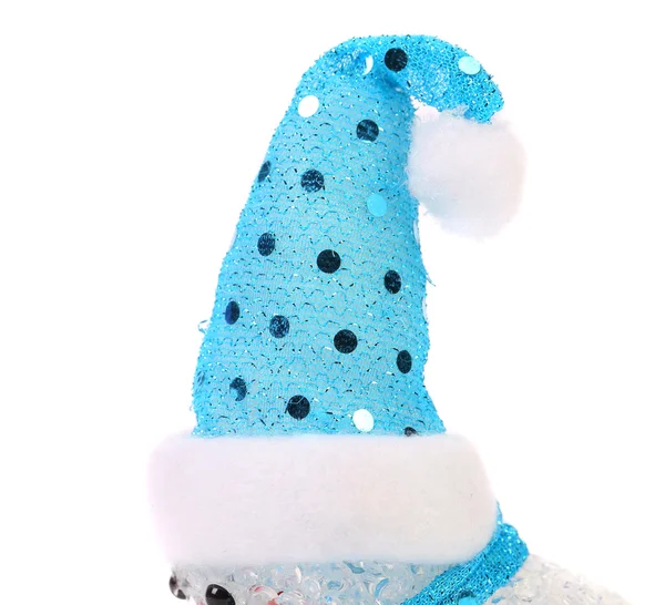 Santa claus hat on snowman. — Stock Photo, Image