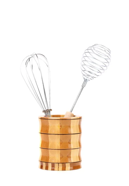 Two different whisks in wooden jar. — Stock Photo, Image