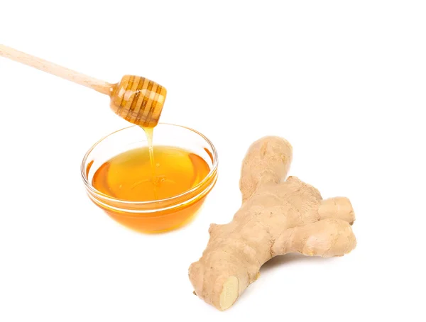 Root Ginger sliced and bow of honey. — Stock Photo, Image