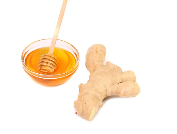 Root Ginger sliced and bow of honey. — Stock Photo, Image