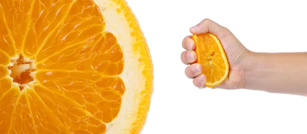 Hand press orange and macro slice. — Stock Photo, Image