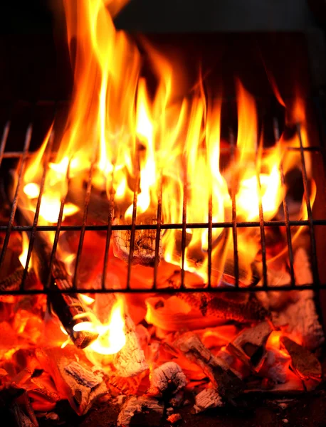 Blazing fire in Grilled. Close up. — Stock Photo, Image