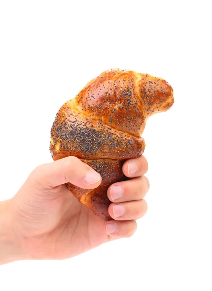 Hand håller aptitretande croissanter med vallmo. — Stockfoto