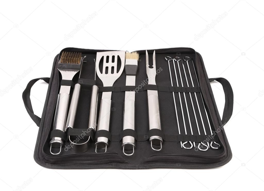 Set of tools for bbq in black bag.