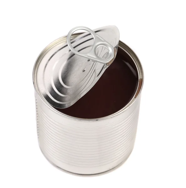 Dark contents into opened tin can. — Stock Photo, Image