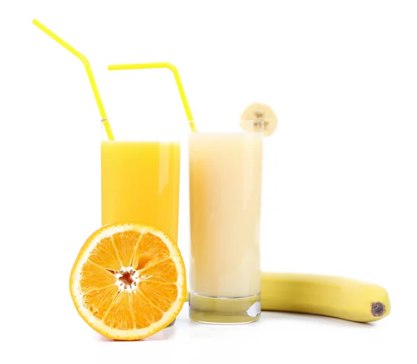 Zwei Gläser Orangensaft und Bananensäfte — Stockfoto