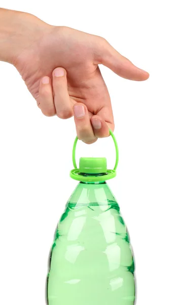 Hand houdt plastic fles. — Stockfoto