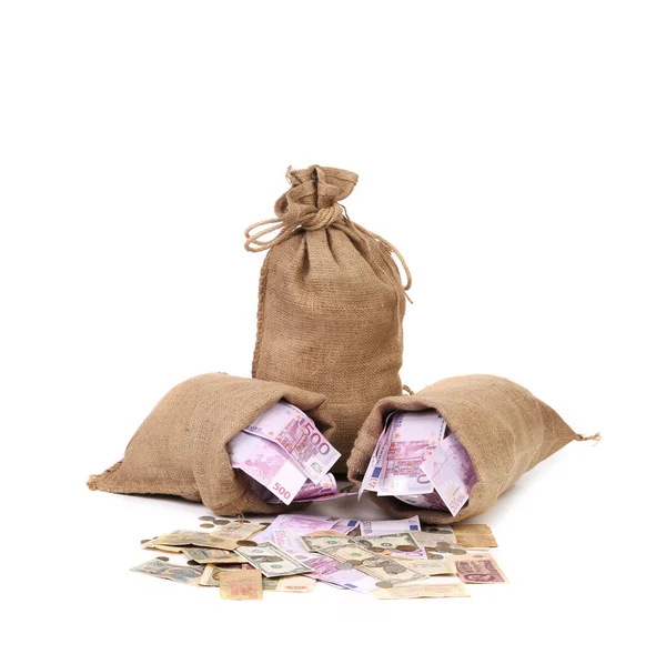 Bags of euro on coins. — Stock Photo, Image