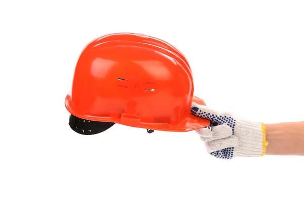 Homem segurando capacete vermelho sobre branco — Fotografia de Stock