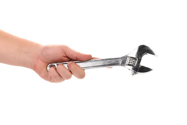 Hand holding verstelbare sleutel geïsoleerd — Stockfoto