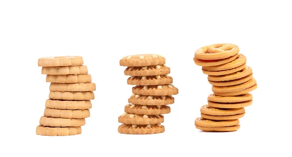 Drie stapels van verschillende koekjes. — Stockfoto